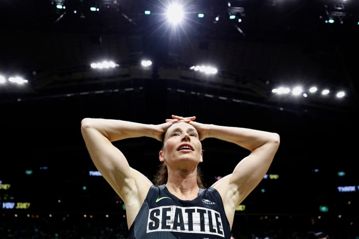 Sue Bird #10 of the Seattle Storm reacts after losing to the Las Vegas Aces 97-92 in her final game of her career during Game Four of the 2022 WNBA Playoffs semifinals at Climate Pledge Arena on September 06, 2022 in Seattle, Washington.